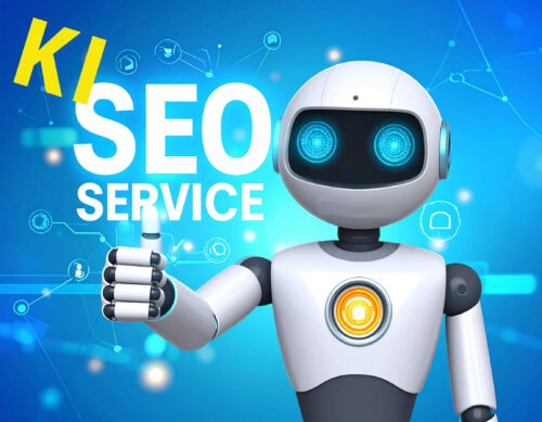 Menschlich wirkender Roboter mit Daumen hoch und Schriftzug „KI SEO Service“ vor digitalem Hintergrund – Symbol für moderne KI-gestützte Suchmaschinenoptimierung