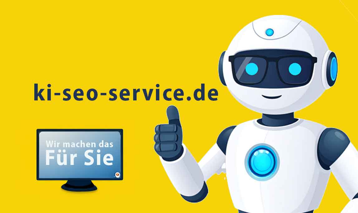 Menschlich aussehender Roboter zeigt Daumen hoch vor Monitor mit Text Wir machen das für Sie und Domain KI-seo-Service.de
