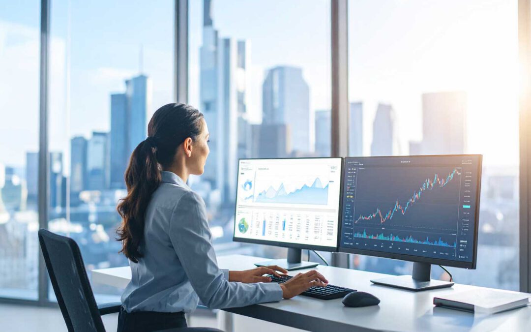 Eine Frau sitzt in einem hochmodernen Büro vor einem PC, auf dem ein steil ansteigendes Erfolgsdiagramm zu sehen ist. Die Skyline von Frankfurt am Main leuchtet im Sonnenlicht. Das Bild symbolisiert die datengetriebene SEO-Erfolgskontrolle mit KISEO, inklusive Onpage- und Offpage-Analyse.