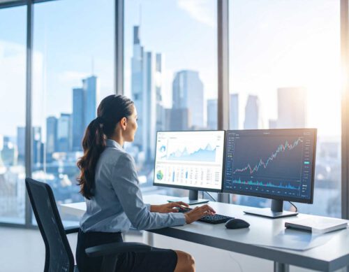 Eine Frau sitzt in einem hochmodernen Büro vor einem PC, auf dem ein steil ansteigendes Erfolgsdiagramm zu sehen ist. Die Skyline von Frankfurt am Main leuchtet im Sonnenlicht. Das Bild symbolisiert die datengetriebene SEO-Erfolgskontrolle mit KISEO, inklusive Onpage- und Offpage-Analyse.